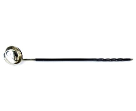 A white coloured metal ladle, the plain bowl engraved with a crest and monogram JW, with a twisted whale bone type handle, 61