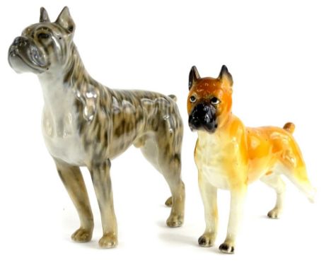 A Royal Copenhagen ceramic model of a Boxer dog, 15cm long, and a continental Boxer dog (AF).  