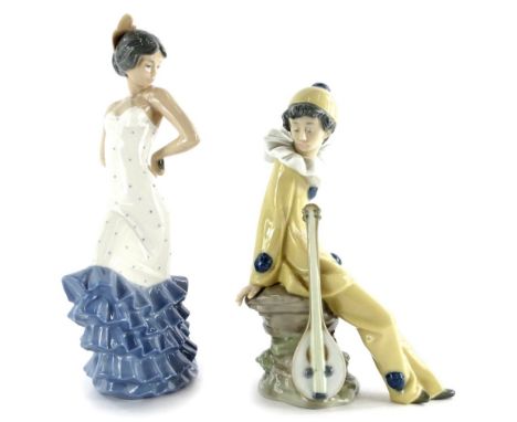 Two Nao porcelain figurines, Flamenco, model 02000418, issued 1992, 24cm high, and Wandering Minstrel, model no 02001054, iss