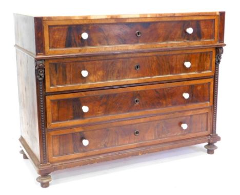 A 19thC continental walnut secretaire chest, with a fitted frieze drawer inlaid with a chequered design and stringing coloure