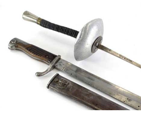 A German bayonet, the blade stamped Gotleib Solingen, metal scabbard and wooden handle, and a French fencing foil.