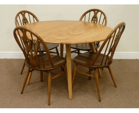 Ercol light elm oval drop leaf dining table (126cm x 114cm), and four Windsor back chairs