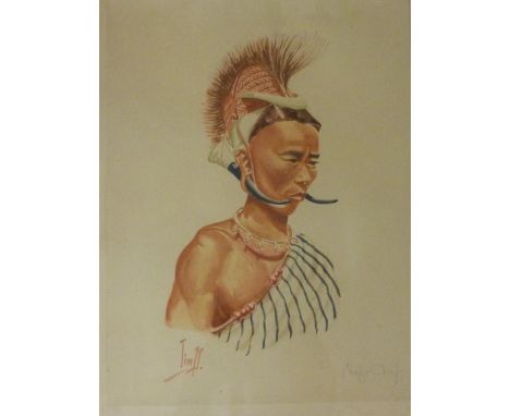 Indian Chief - head and shoulders portrait watercolour signed and titled 33cm x 24cm