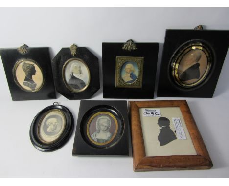 Collection of 19th century and later portrait miniatures in acorn and other frames; silhouette dated 1825 and others in one b