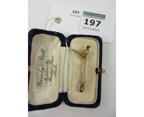 Gold and enamel pheasant tie-pin/brooch stamped 15ct