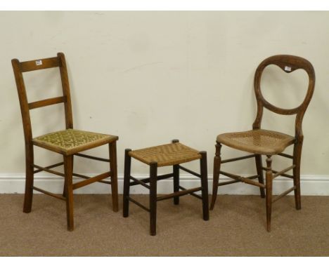 Bergere bedroom chair, another bedroom chair, rush seat stool and an oak framed firescreen 