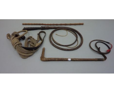 American braided leather bull whip, moulded brass button to tip of handle 'patented March 30 1869 B4  E. Easton maker Jackson