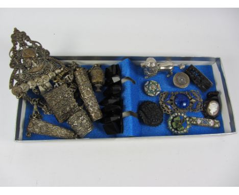 Late 19th century chatelaine, novelty poodle tape measure, Whitby jet, enamel and micro mosaic jewellery