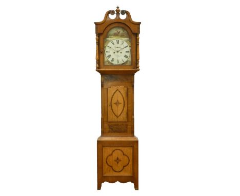 Early 19th century oak and mahogany Scarborough longcase clock, inlaid geometric rosewood parquetry case, enamel dial painted