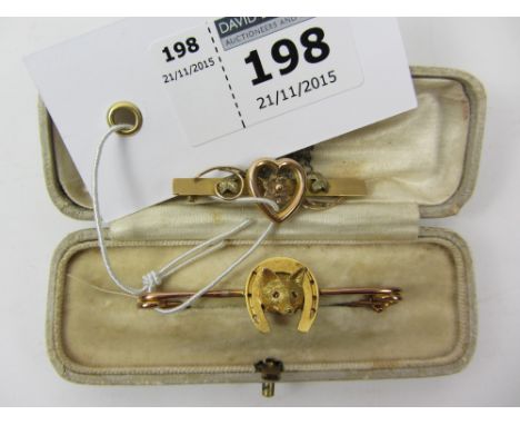Hunting fox mask horseshoe stock pin and a Victorian brooch both stamped 9ct approx 7.6gm