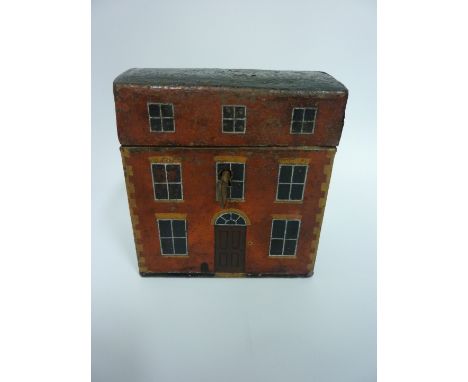 Advertising - 19th century painted tea caddy in the form of a Georgian house, the reverse inscribed 'Dows Tea' 11.5cm x 10cm 