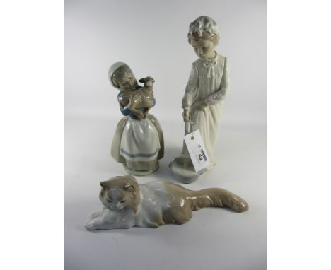 Nao figurines - cat, child with a lamb and child in night gown