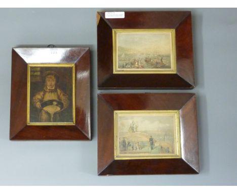 Pair of Victorian Baxter prints and a portrait of a boy 16cm x 12cm in matching  19th century rosewood frames 