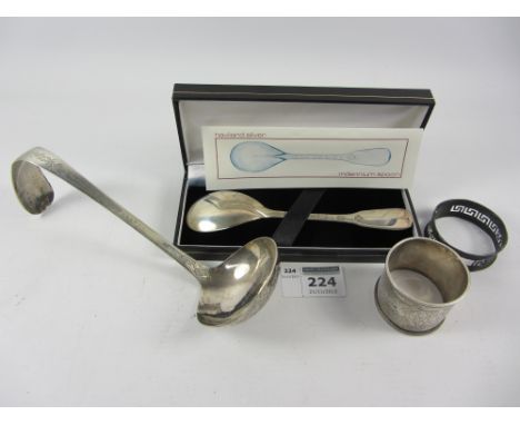 Dutch silver ladle 1884, Haviland silver millennium spoon and two napkin rings