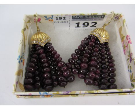 Pair ruby bead ear-rings with diamond set gold crowns hallmarked 18ct