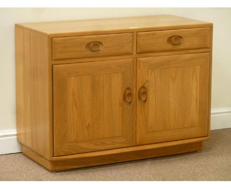 Ercol light elm two drawer, two cupboard sideboard, W92cm, H69cm, D45cm