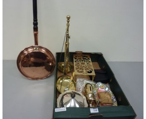 Set of brass balance scales, brass trivet, crumpet warmer, Maling dish, copper warming pan and other items in one box