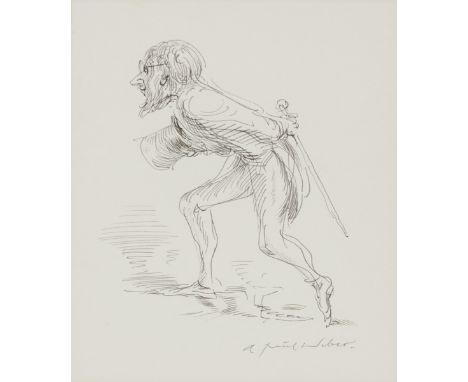 A. Paul Weber1893 Arnstadt - 1980 Schretstaken - Schreitender Herr mit Zylinder, Brille und Stock - Tusche/Papier. 20 x 17 cm