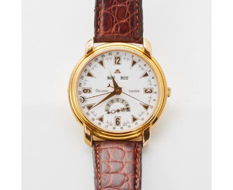 Maurice-Lacroix Armbanduhr als ChronometerFa. Maurice Lacroix, Schweiz. Modell: Les Mécaniques - Vollkalender GMT. Edelstahl,