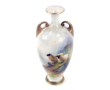 A Royal Worcester vase, with a fluted stem and gilt scroll handles, with a painted panel of two sheep, signed Ernest Barker, 