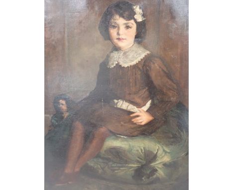 Sir George Clausen (1852-1944). Portrait of a seated young girl and doll, oil on canvas, 100cm x 74cm. 