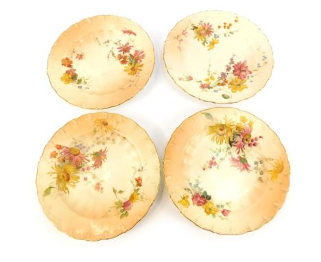Four Royal Worcester blue porcelain tea plates, painted with meadow flowers, printed marks, 17cm wide. 