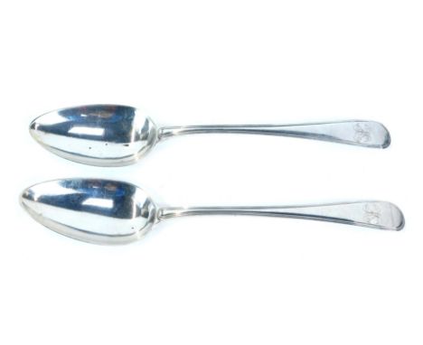 A pair of George III silver fiddle pattern serving spoons, with reeded border and the initial K, London 1791, 4.32oz.