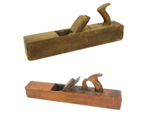 Two wooden block planes, comprising a vintage Jack plane, stamped K Burgess, 52cm long and another. (AF) (2)