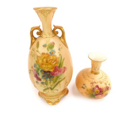 A Royal Worcester blush porcelain vase, c1913, of twin handled lobed baluster form, shape no 263, painted with flowers, print