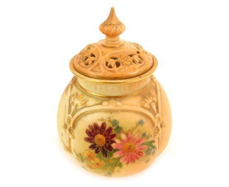 A Royal Worcester blush porcelain pot pourri vase and cover, c1907, of lobed form, shaped no 175, painted with floral sprays,