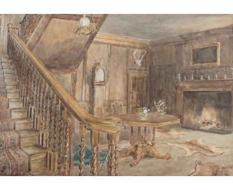 PE Bishop (19thC School). Hall at New House, signed, titled and dated 1886, watercolour, with label to reverse and gilt frame