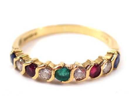 An 18ct gold half hoop eternity ring, set with sapphire, diamond, ruby and emerald, with S break links, size L, 1.9g all  in.