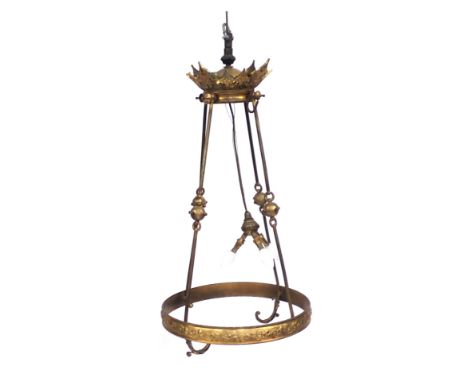 A 19thC Empire style gilt metal light fitting, with a pierced crest, tapering sides, and a leaf cast band, 94cm high. (AF) 