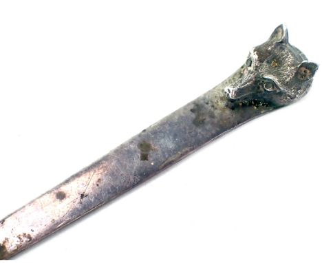 A George V silver letter opener, with fox mask head, Chester 1926, retailed by Asprey of London.