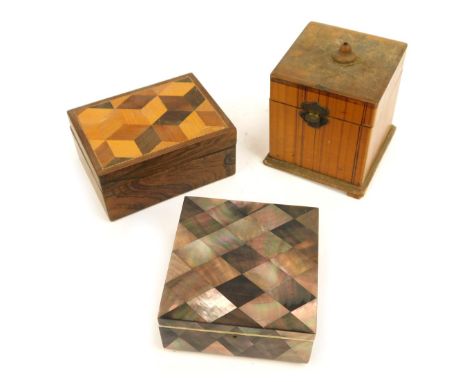 Three 19thC and later boxes, comprising an ebony strung tea caddy with box lid on shaped foot, a tortoiseshell panelled and b
