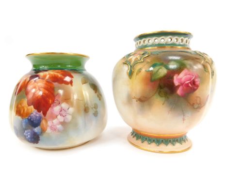 A Royal Worcester Hadley's porcelain vase, circa 1907, of lobed form, painted with roses, printed and painted marks, 10cm hig