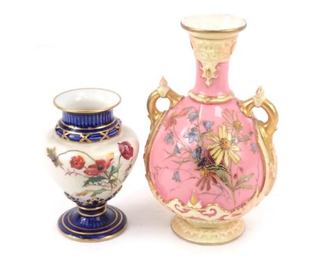 A Royal Worcester porcelain vase, c1893, of twin handled baluster form, shape no 1553, painted with sprays of flowers against