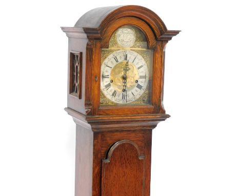 An oak cased grandmother clock, stamped Brabingtons Limited, London, Renoun All British., the brass arched dial engraved Temp
