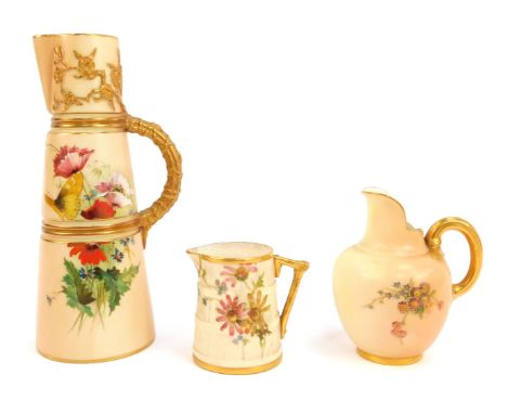 A Royal Worcester blush porcelain jug, circa 1902, shape number 1047, painted with a butterfly and meadow flowers, printed ma
