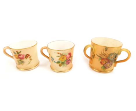 Two Royal Worcester blush porcelain miniature mugs, c1900 and 1902, painted with floral sprays, printed marks, together with 