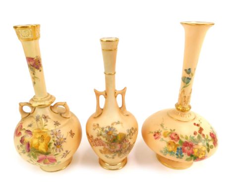 A Royal Worcester blush porcelain vase, c1900, of elongated baluster form, shaped no 1748, painted with sprays of flowers, pr