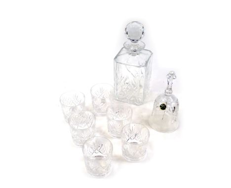 A group of Thomas Webb crystal, comprising decanter, six tumblers, and a glass crystal bell, each boxed in presentation case.