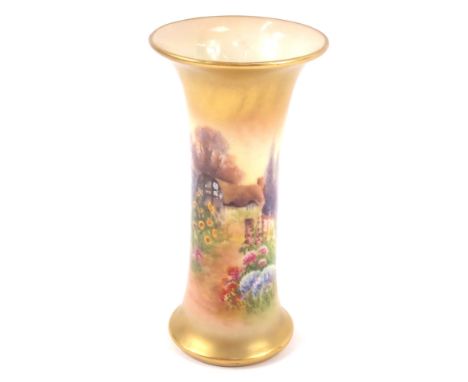 A Royal Worcester blush porcelain posy vase, c1923, of trumpet form, shape no G923, painted with a country cottage and garden