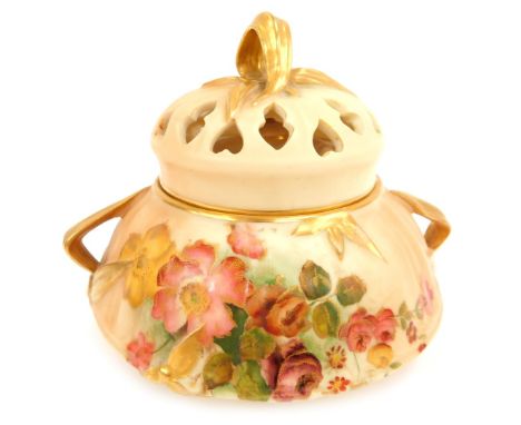 A Royal Worcester blush porcelain pot pourri vase inner lid and cover, c1902, of compressed lobed form, shape no 1326, painte