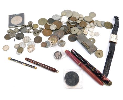 A group of collectors coins, 1797 Cartwheel Penny, sixpence pieces, crowns, half crowns, Chinese tokens, lighter, fountain pe