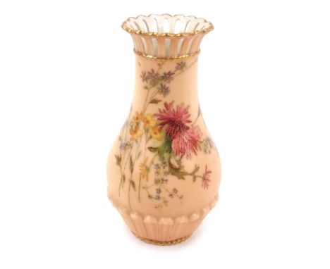 A Royal Worcester blush porcelain vase, c1903, of pierced and out swept leaf moulded form, shape G1061, painted with meadow f