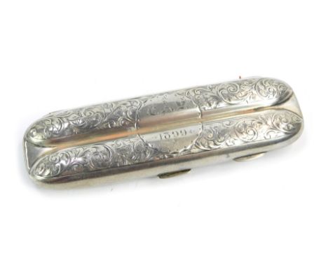 A Victorian silver cigar case, to enclose two cigars with scroll engine turned decoration and bearing the initials EAS 1899, 