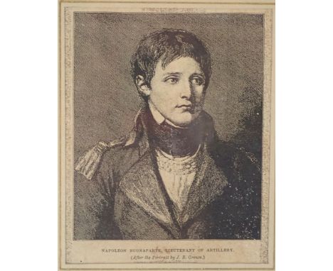 After JB Greuze. A portrait of Napoleon Buonaparte, Lieutenant of Artillery, print, 12cm x 10cm, in walnut frame. 