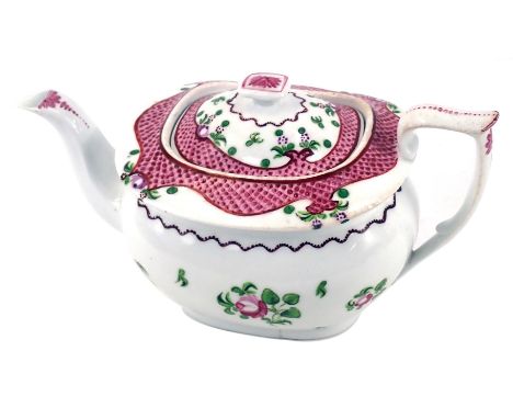 An early 19thC New Hall pottery teapot, decorated with pink panelled borders, with roses and green floral sprays, 14cm high.