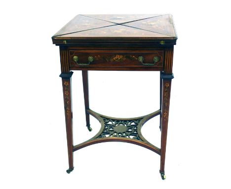 A Victorian rosewood and marquetry inlaid envelope card table, the top inlaid with flowers, green baize interior, over a frie